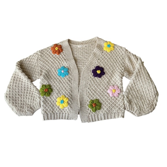 Illa Illa Women Cream Chunky Knit Floral Applique Cardigan Sweater IM7042 SM - Picture 9 of 9